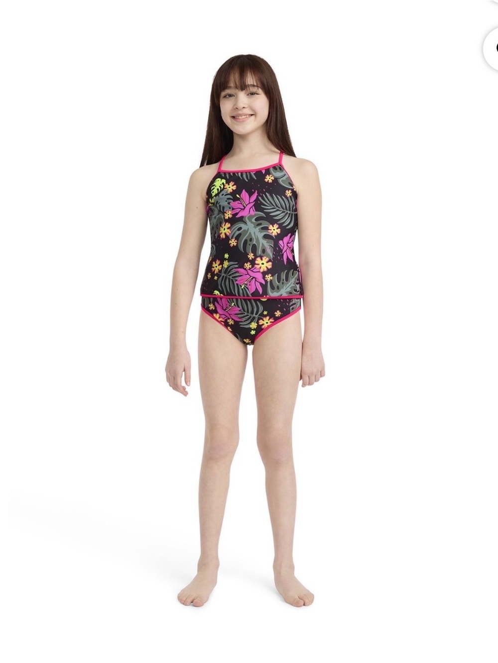Hurley Girls Black Tropical Floral Tankini with Neon Pink Trim - Picture 2 of 8